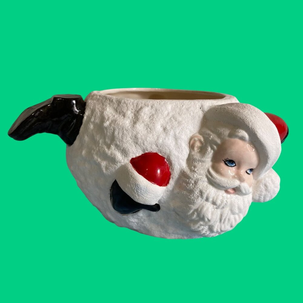 Vintage Ceramic Santa Planter Dish Snowball Bowl Feet & Head Stick Out Christmas